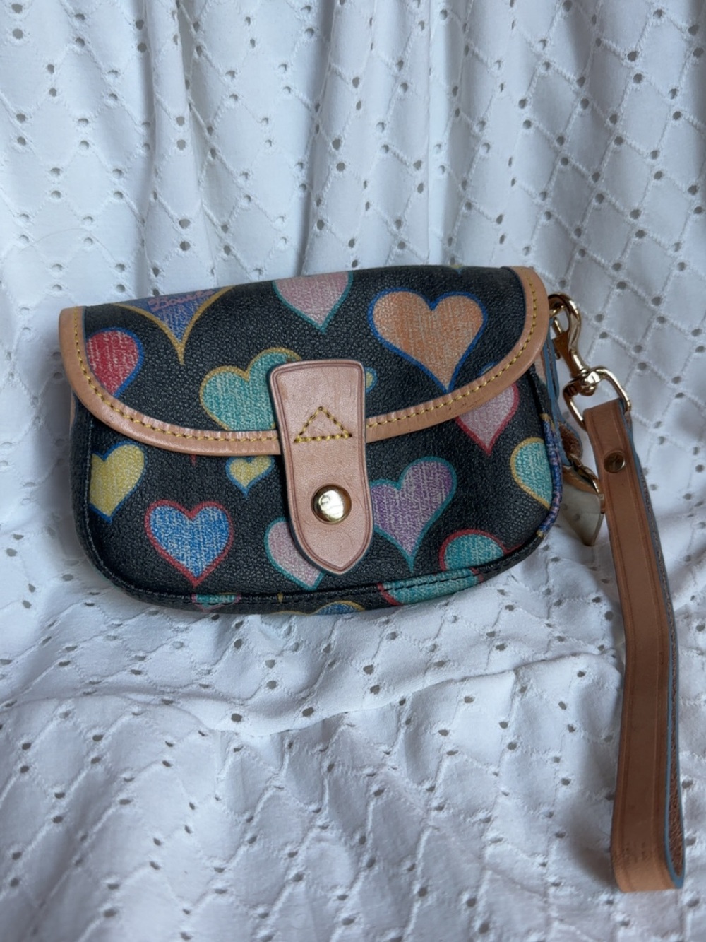 Vintage Dooney & Bourke Doodle Heart Flap Wristlet Wallet Y2K